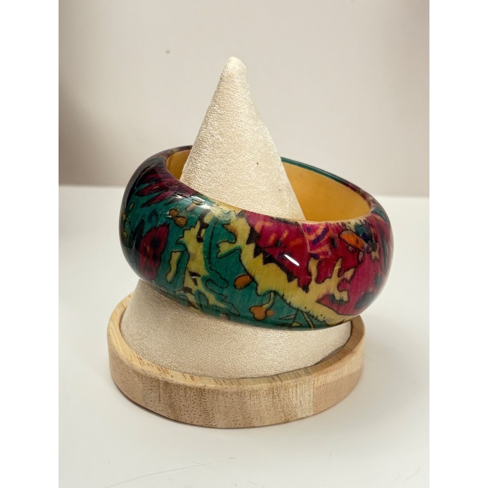 1970s Wood Boho Abstract Floral Bangle Bracelet Glossy Multicolored Finish